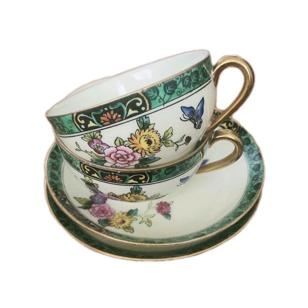 Vintage Noritake Butterfly Floral Bone China Handpainted Tea Cups & Saucers